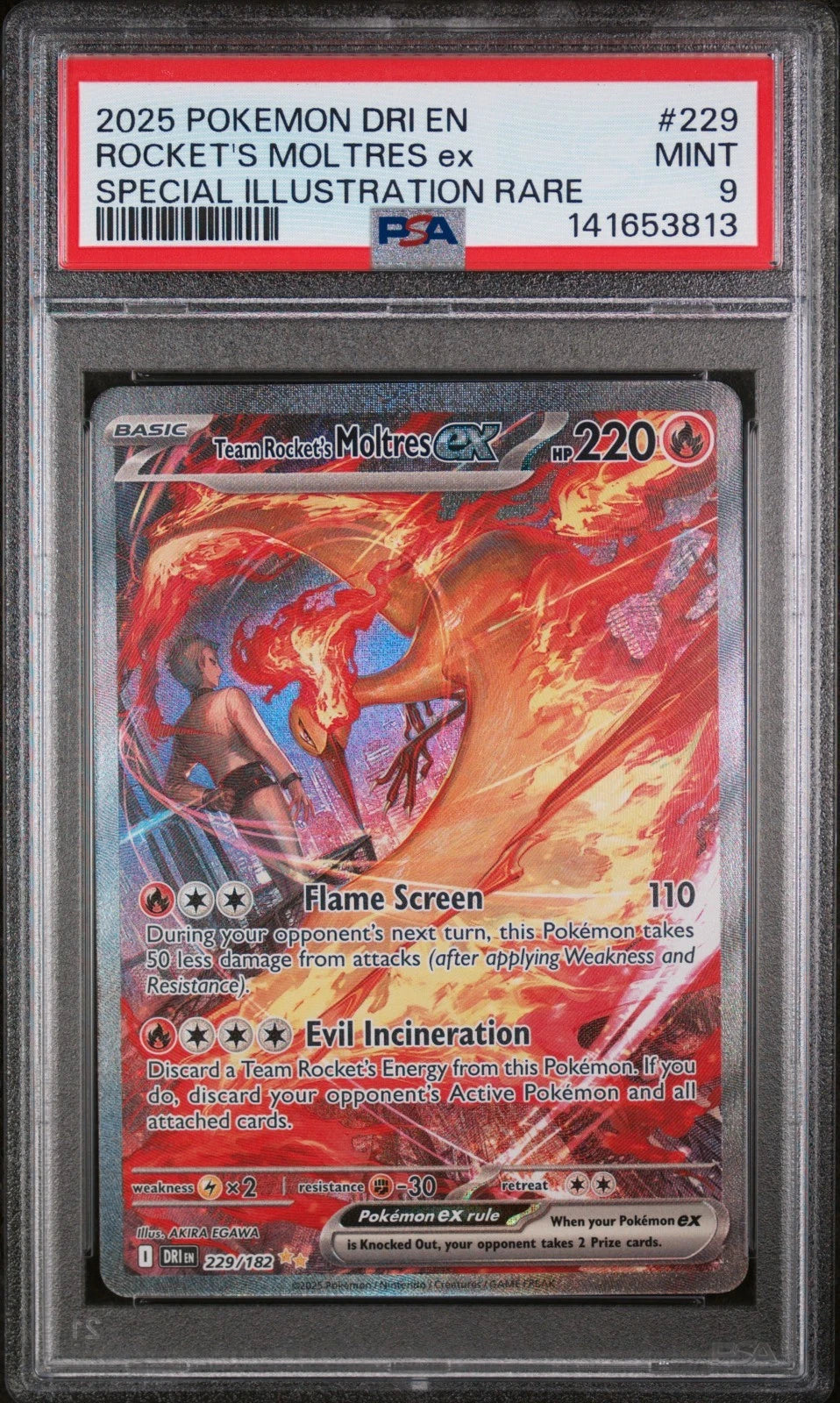 2025 POKEMON DRI EN-DESTINED RIVALS #229 TEAM ROCKET'S MOLTRES EX PSA 9